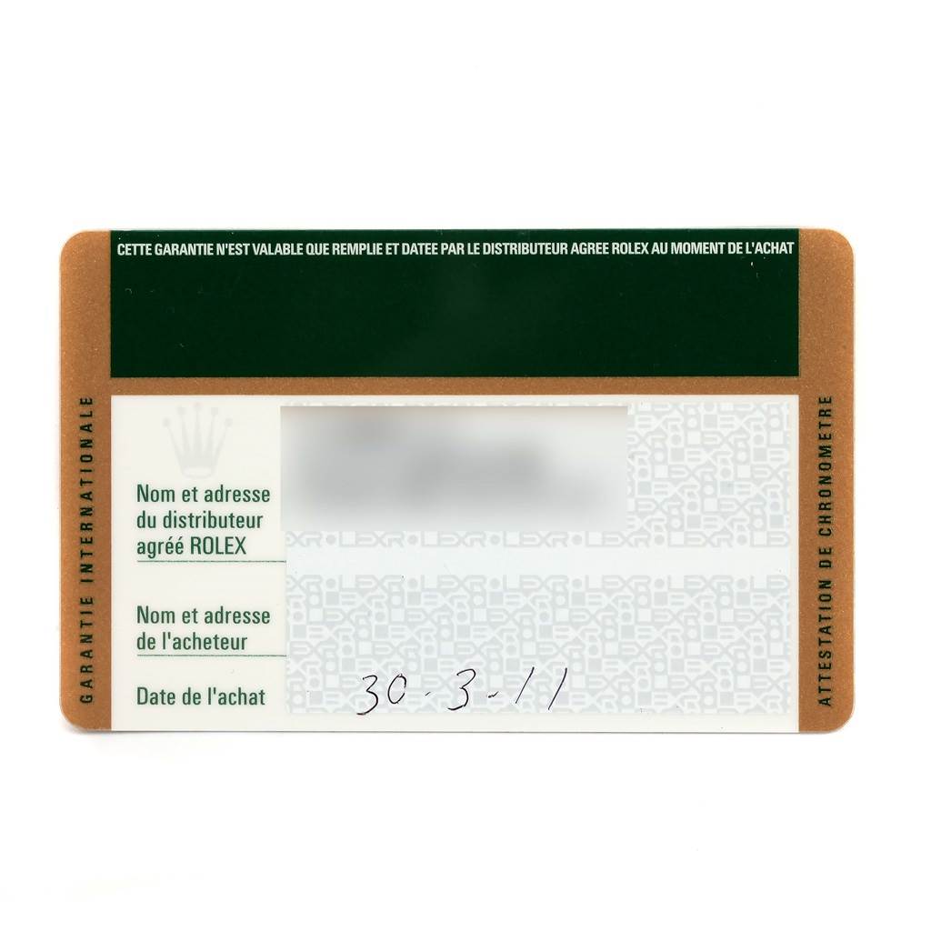 The image shows the warranty card for the Rolex Submariner 116610 Men's Stainless Steel Black Dial 116610 Men's Stainless Steel Black Dial model, including a purchase date and distributor information.