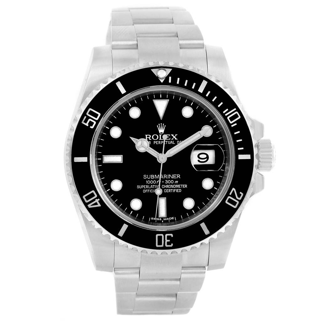 The image shows a front view of a Rolex Submariner 116610 Men's Stainless Steel Black Dial 116610 Men's Stainless Steel Black Dial watch, displaying its black dial, bezel, and stainless steel bracelet.