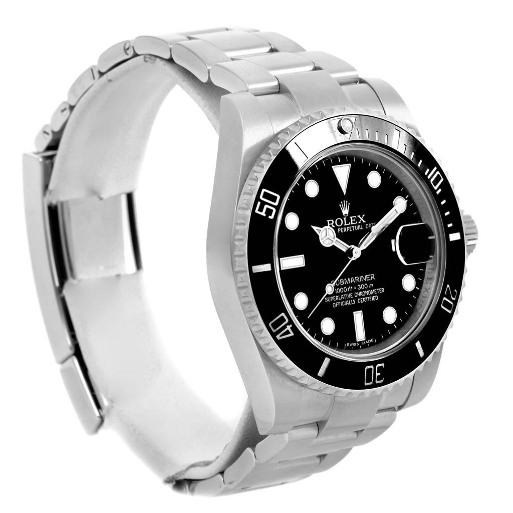This image shows a Rolex Submariner 116610 Men's Stainless Steel Black Dial 116610 Men's Stainless Steel Black Dial watch at an angled side view, highlighting its face, bezel, and bracelet.