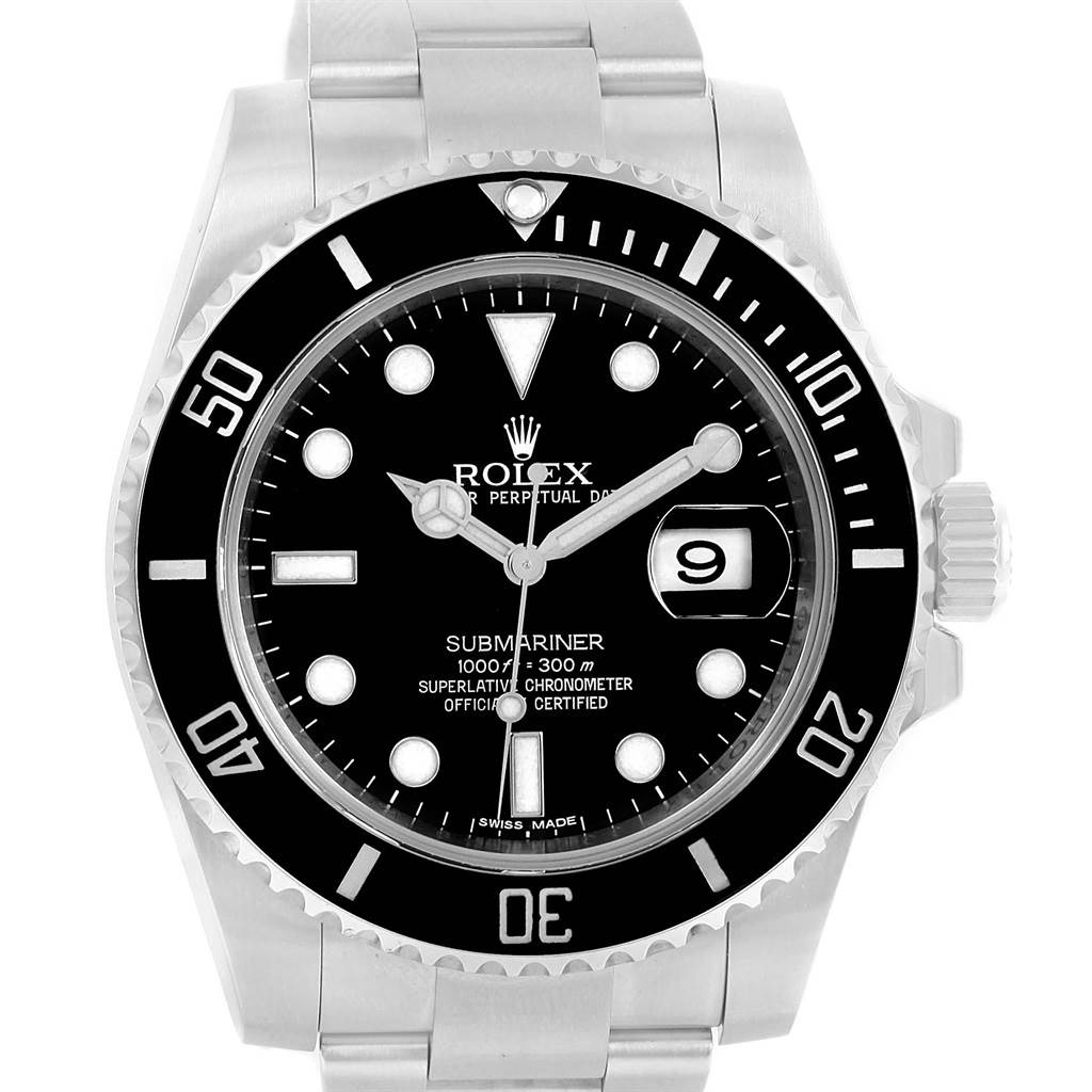 This image shows a front view of a Rolex Submariner 116610 Men's Stainless Steel Black Dial 116610 Men's Stainless Steel Black Dial watch, highlighting the face, bezel, and part of the bracelet.