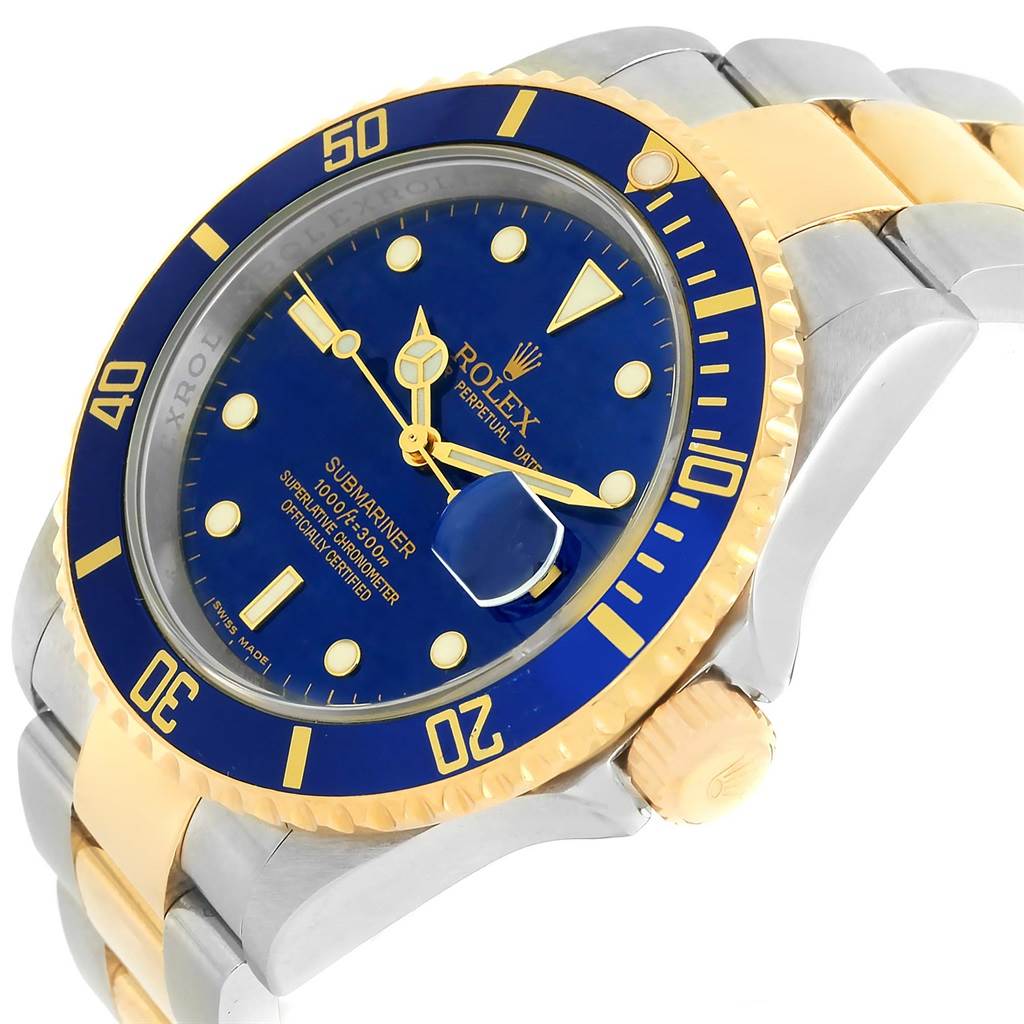 This is a Rolex Submariner 16613 Men
s Steel and Gold (two tone) Blue Dial 16613 Men
s Steel and Gold (two tone) Blue Dial watch shown from a high-angle view, displaying its blue dial, bezel, and two-tone bracelet.