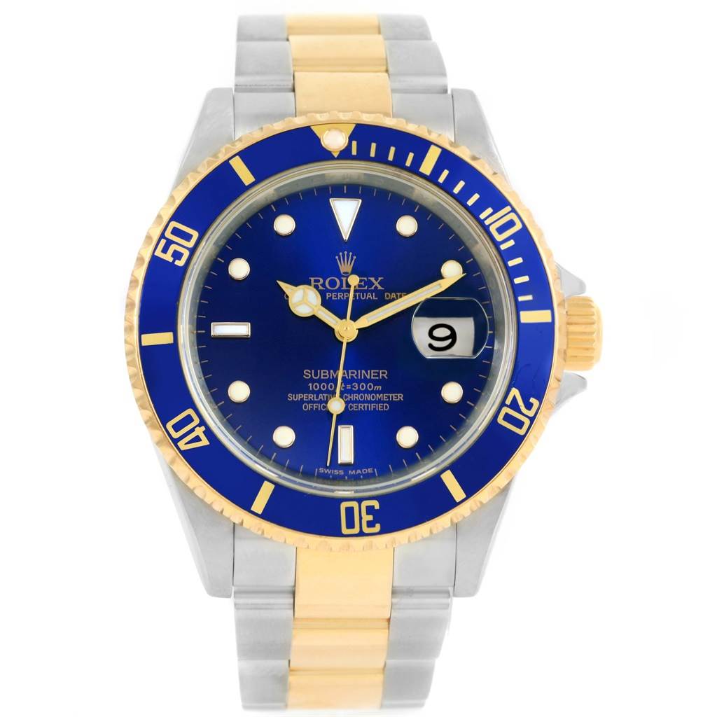 This image shows a Rolex Submariner 16613 Men
s Steel and Gold (two tone) Blue Dial 16613 Men
s Steel and Gold (two tone) Blue Dial watch from a front angle featuring its blue dial and two-tone bracelet.