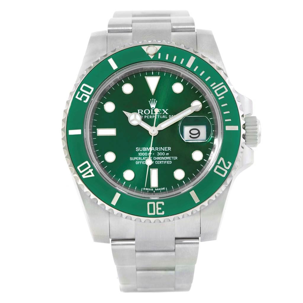 The image shows a front view of a Rolex Submariner 116610LV Men
s Stainless Steel Green Dial 116610LV Men
s Stainless Steel Green Dial watch with a green dial and green bezel.