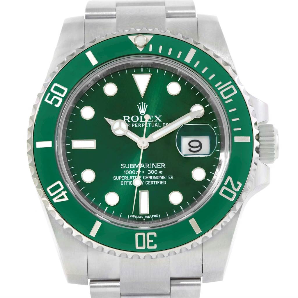 The image shows a front view of a Rolex Submariner 116610LV Men
s Stainless Steel Green Dial 116610LV Men
s Stainless Steel Green Dial watch with a green dial and bezel.