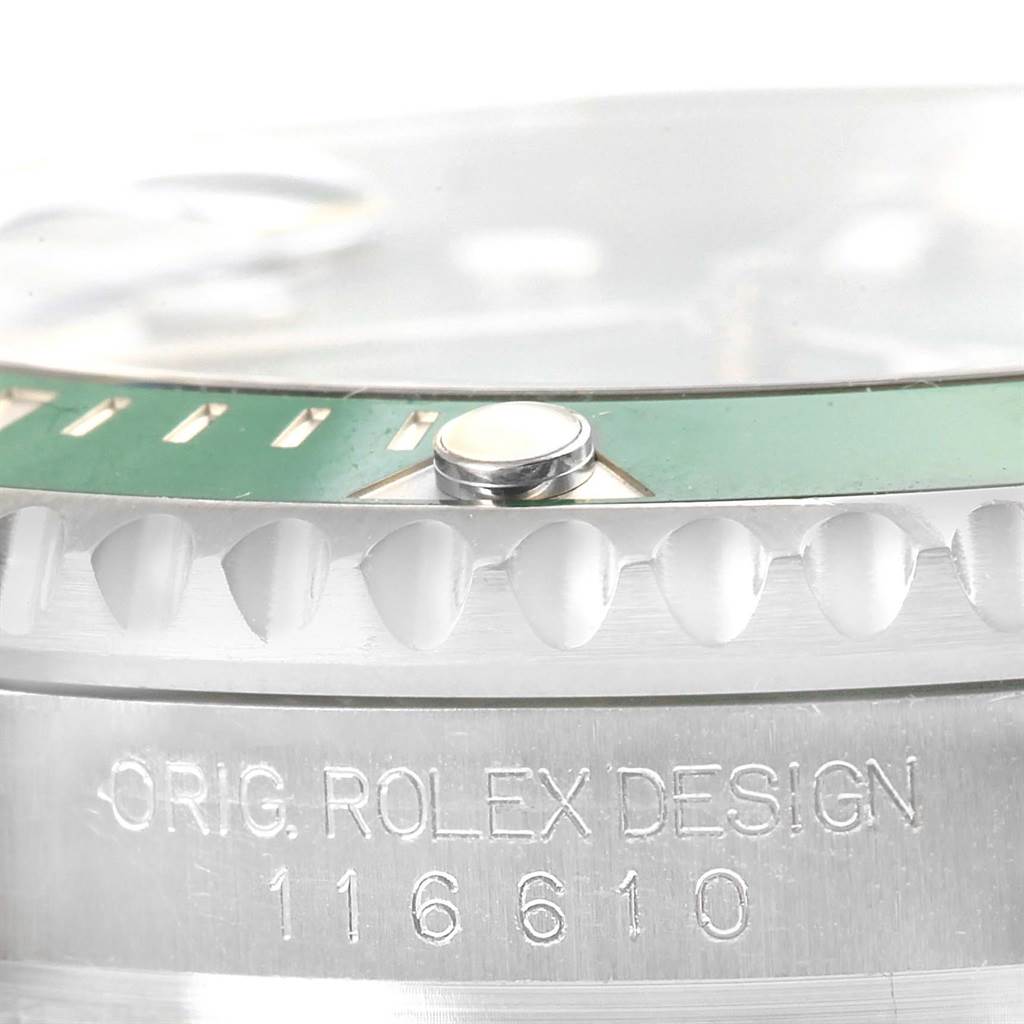 This image shows a close-up of the case side and bezel of a Rolex Submariner 116610LV Men
s Stainless Steel Green Dial 116610LV Men
s Stainless Steel Green Dial, focusing on the "ORIG. ROLEX DESIGN" engraving and model number.