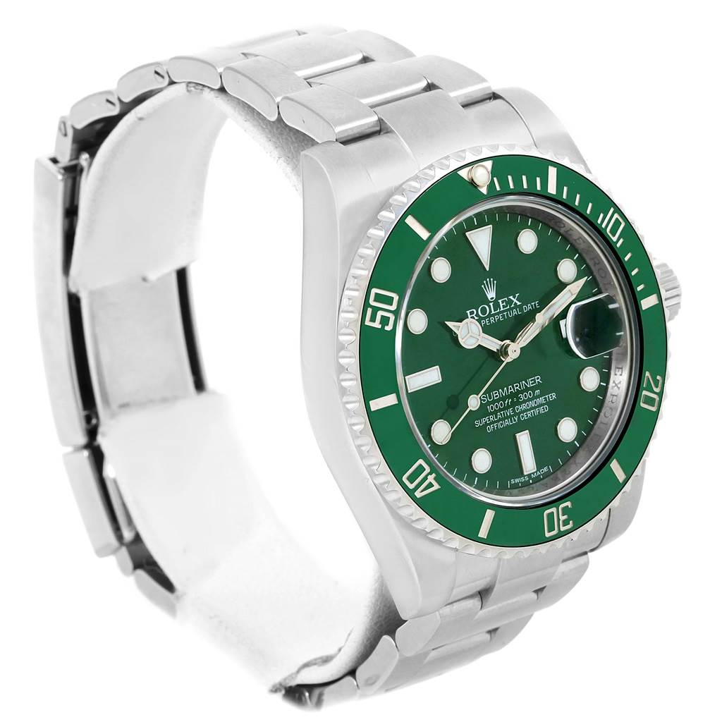 This image shows a Rolex Submariner 116610LV Men
s Stainless Steel Green Dial 116610LV Men
s Stainless Steel Green Dial watch at a slight angle, displaying its green dial, bezel, and stainless steel bracelet.