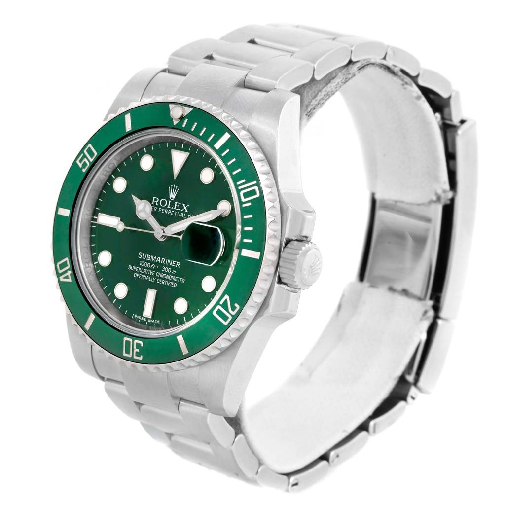 This image shows a Rolex Submariner 116610LV Men
s Stainless Steel Green Dial 116610LV Men
s Stainless Steel Green Dial watch at a three-quarter angle, highlighting the green bezel, dial, and stainless steel bracelet.