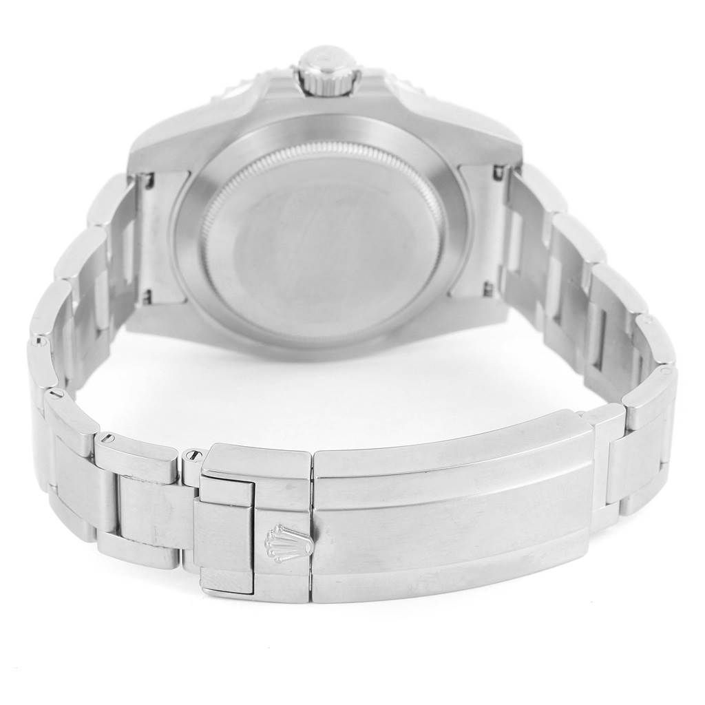 The image shows the back view of a Rolex Submariner 116610LV Men
s Stainless Steel Green Dial 116610LV Men
s Stainless Steel Green Dial watch, highlighting the case back and the metal bracelet with clasp.