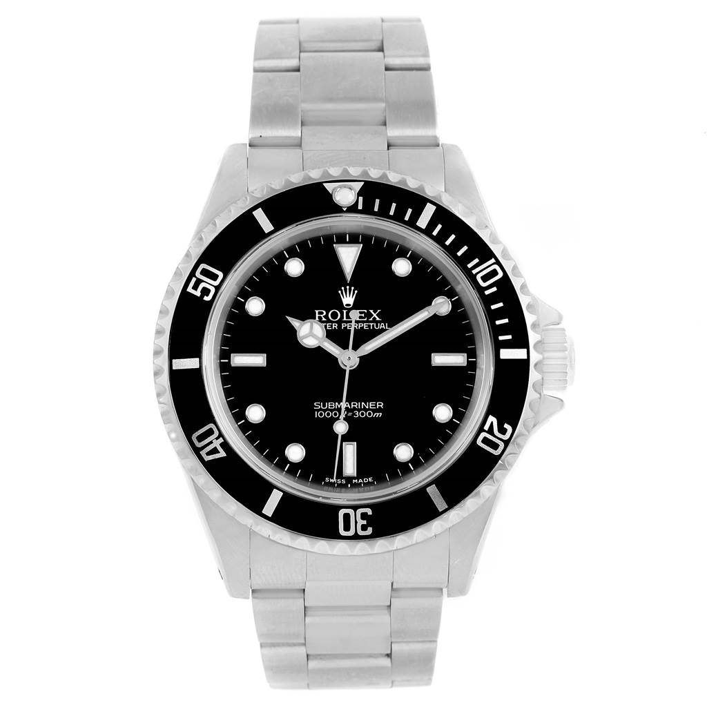 This is a frontal view of a Rolex Submariner 14060 Men
s Stainless Steel Black Dial 14060 Men
s Stainless Steel Black Dial watch, showing the dial, bezel, and bracelet.