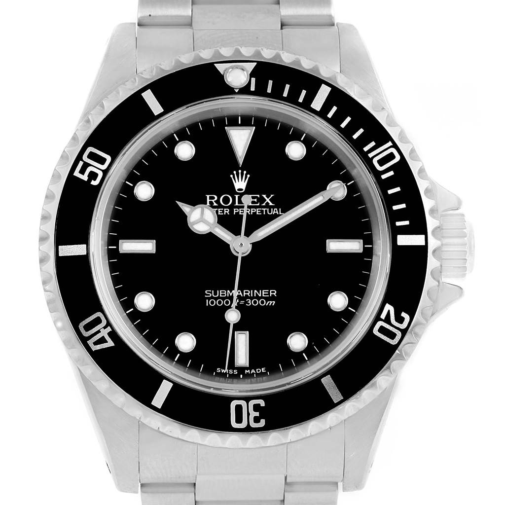 The image shows a close-up front view of a Rolex Submariner 14060 Men
s Stainless Steel Black Dial 14060 Men
s Stainless Steel Black Dial watch, highlighting the dial, bezel, hands, and part of the bracelet.