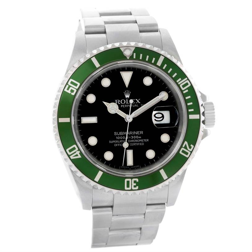 The Rolex Submariner 16610LV Men
s Stainless Steel Black Dial 16610LV Men
s Stainless Steel Black Dial watch is shown from a front angle, displaying its face, bezel, crown, and bracelet.