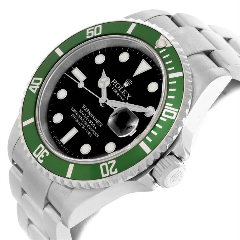 The image shows a close-up of a Rolex Submariner 16610LV Men
s Stainless Steel Black Dial 16610LV Men
s Stainless Steel Black Dial watch from a side angle, highlighting the green bezel, black dial, and crown.