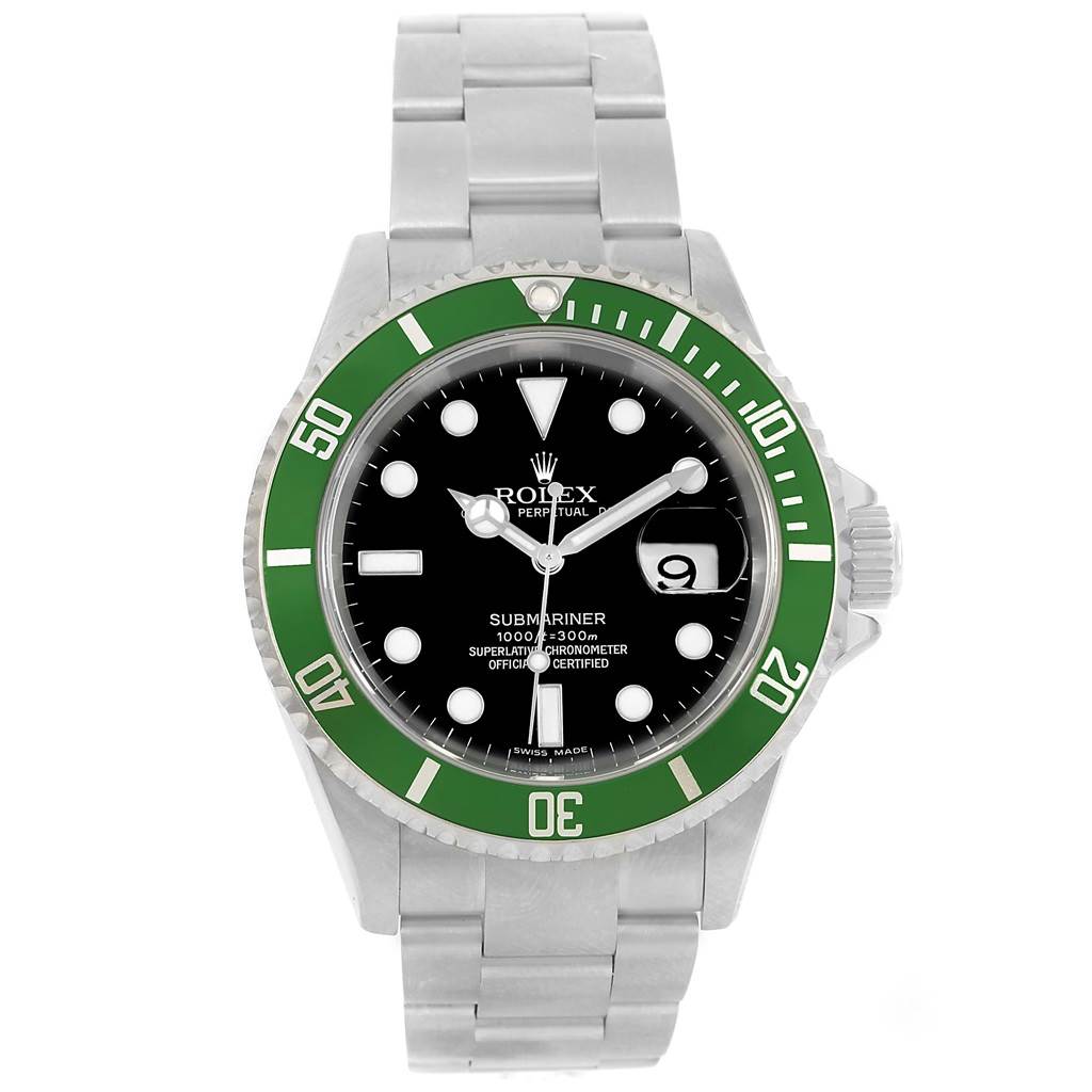 The image shows a front view of a Rolex Submariner 16610LV Men
s Stainless Steel Black Dial 16610LV Men
s Stainless Steel Black Dial watch, displaying its green bezel, black dial, and steel bracelet.