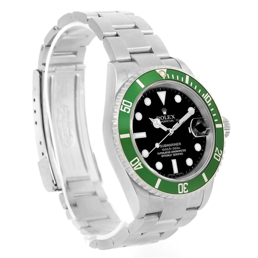 This image shows a Rolex Submariner 16610LV Men
s Stainless Steel Black Dial 16610LV Men
s Stainless Steel Black Dial watch at a three-quarter angle, highlighting its green bezel, black dial, and stainless steel bracelet.