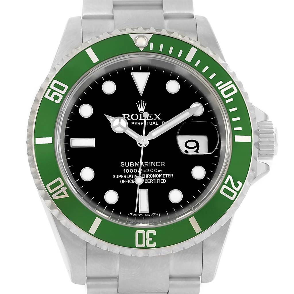 The image shows a front view of a Rolex Submariner 16610LV Men
s Stainless Steel Black Dial 16610LV Men
s Stainless Steel Black Dial watch, displaying the dial, hands, bezel, and part of the bracelet.