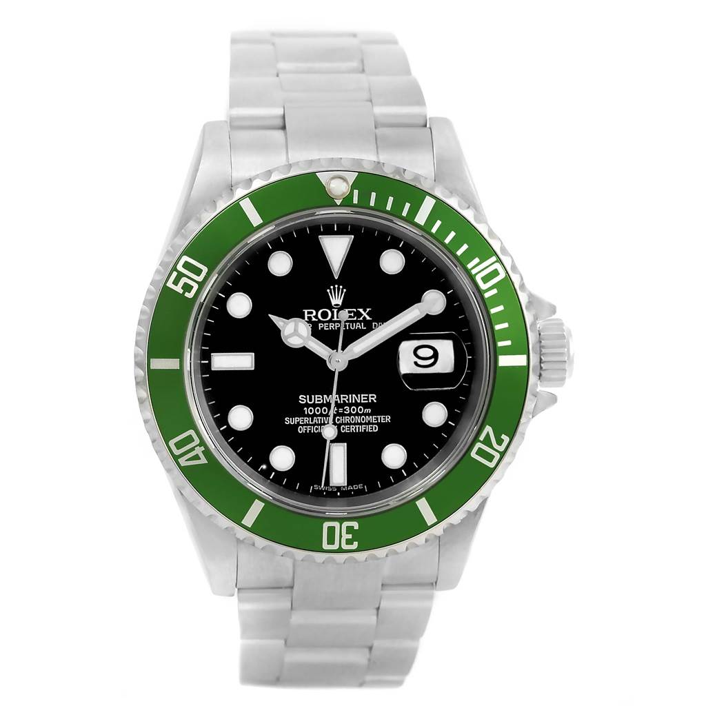 The image shows a front view of a Rolex Submariner 16610LV Men
s Stainless Steel Black Dial 16610LV Men
s Stainless Steel Black Dial watch, including its green bezel, black dial, and stainless steel bracelet.