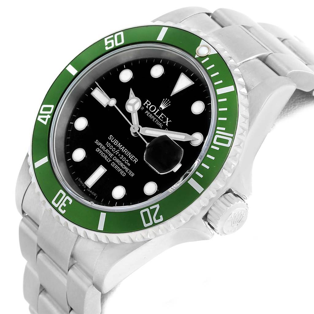 The Rolex Submariner 16610LV Men
s Stainless Steel Black Dial 16610LV Men
s Stainless Steel Black Dial watch is shown at a side angle, highlighting its green bezel, black dial, and stainless steel bracelet.