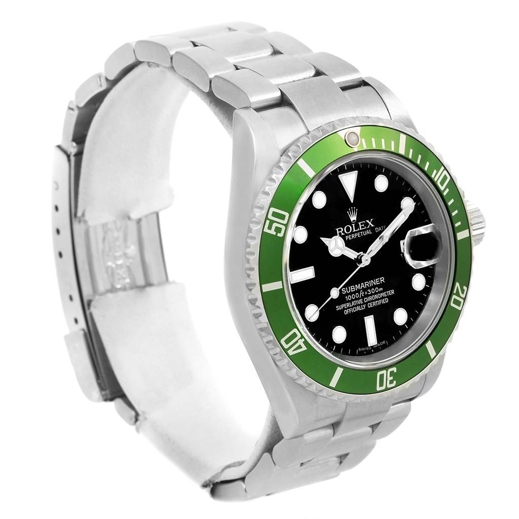 The image shows a Rolex Submariner 16610LV Men
s Stainless Steel Black Dial 16610LV Men
s Stainless Steel Black Dial watch from a three-quarter angle, highlighting the bezel, case, and part of the bracelet.