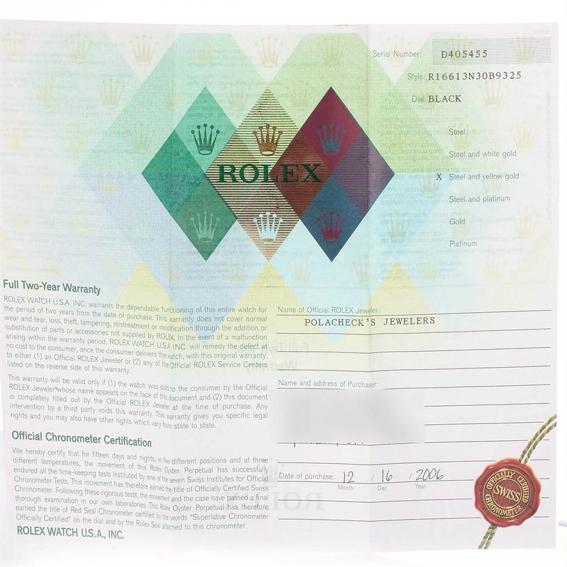 The image shows the warranty card and chronometer certification for the Rolex Submariner 16613 Men
s Steel and Gold (two tone) Blue Dial 16613 Men
s Steel and Gold (two tone) Blue Dial model.