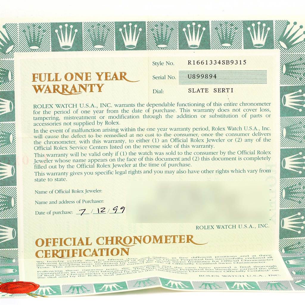 This image shows the warranty certificate for a Rolex Submariner 16613 Men
s Steel and Gold (two tone) Grey Dial 16613 Men
s Steel and Gold (two tone) Grey Dial watch, indicating its model number, serial number, and purchase date.