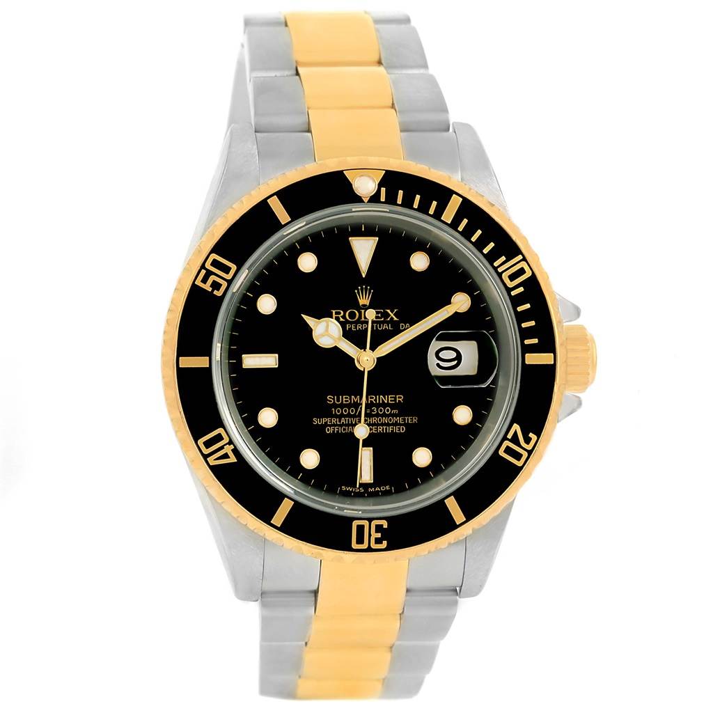 This image shows a front view of a Rolex Submariner 16613 Men
s Steel and Gold (two tone) Black Dial 16613 Men
s Steel and Gold (two tone) Black Dial watch, highlighting the dial, bezel, and two-tone bracelet.