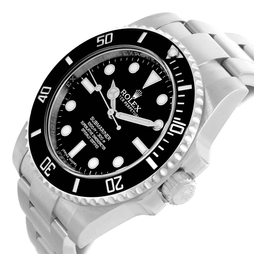 The image shows a Rolex Submariner 114060 Men
s Stainless Steel Black Dial 114060 Men
s Stainless Steel Black Dial watch from an angled front view, highlighting the dial, bezel, and bracelet.