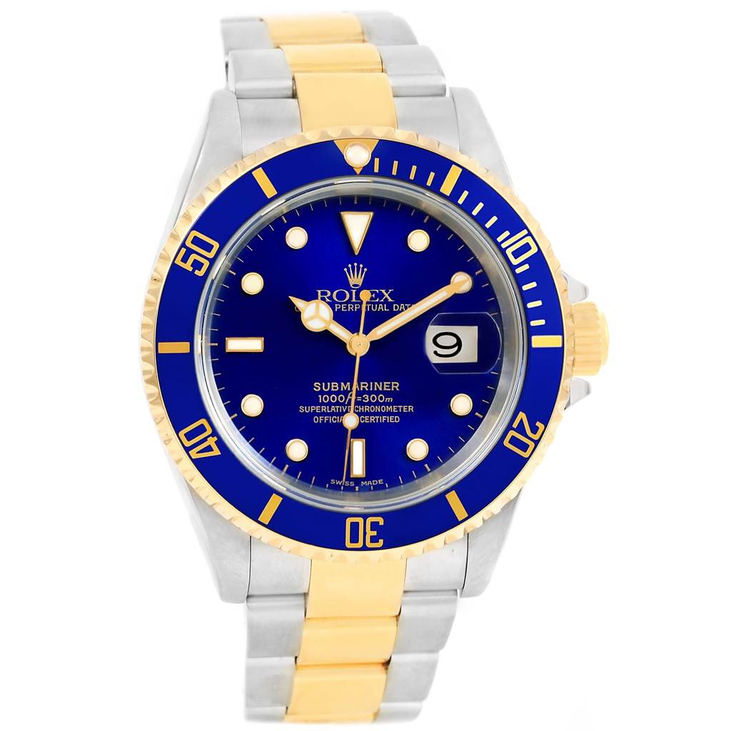 This Rolex Submariner 16613 Men
s Steel and Gold (two tone) Blue Dial 16613 Men
s Steel and Gold (two tone) Blue Dial watch is shown from a front angle, displaying its blue dial, bezel, and gold-and-silver bracelet.