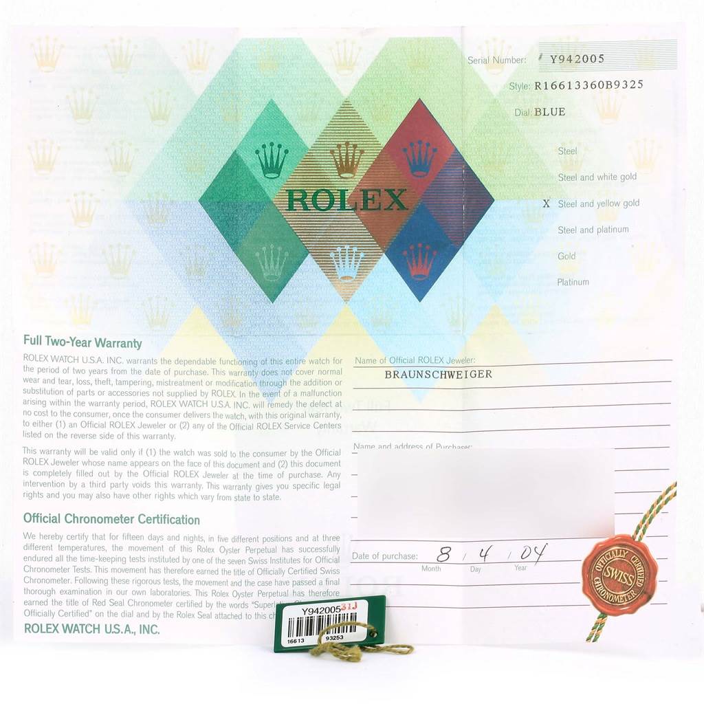 The image shows warranty papers, tags, and a seal for a Rolex Submariner 16613 Men
s Steel and Gold (two tone) Blue Dial 16613 Men
s Steel and Gold (two tone) Blue Dial watch, with no watch visible.