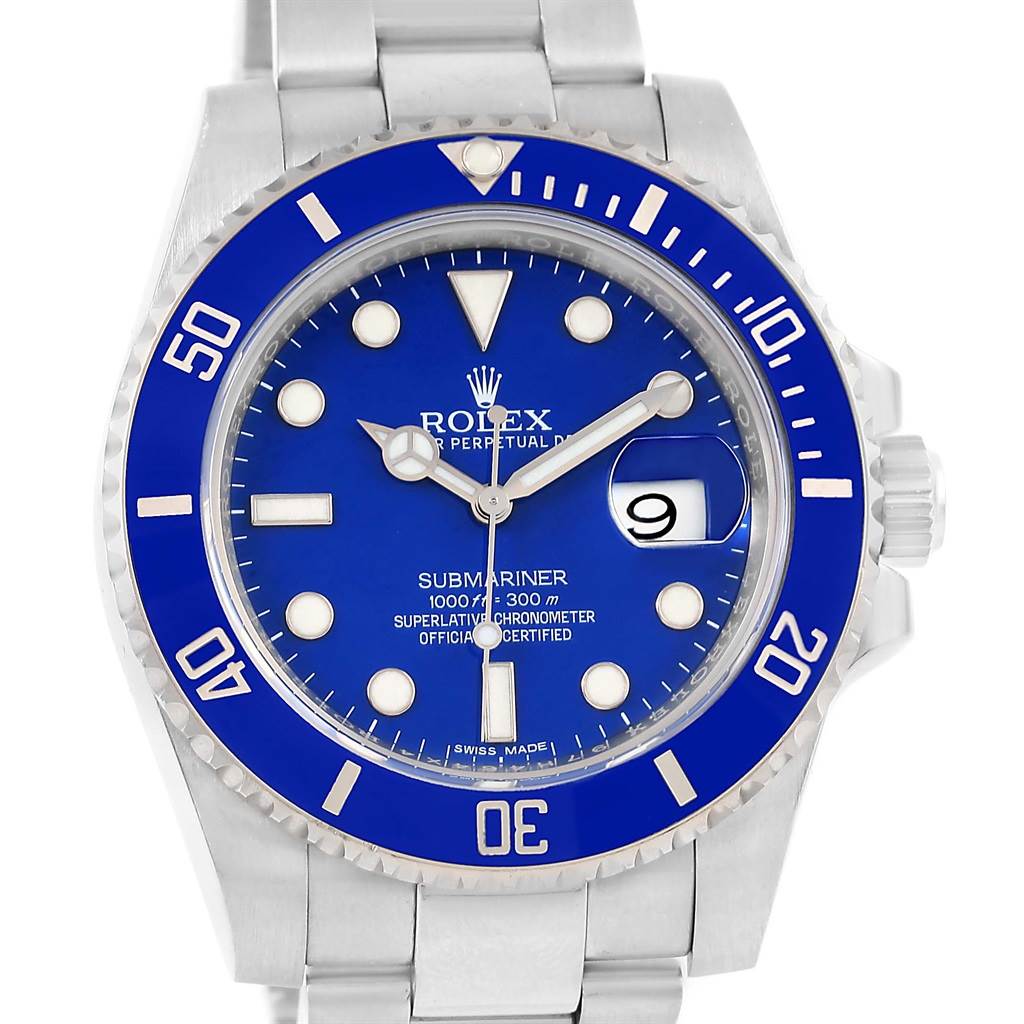 The image shows a front view of the Rolex Submariner 116619LB Men's White Gold Blue Dial 116619LB Men's White Gold Blue Dial watch, featuring a blue dial, bezel, and the stainless steel bracelet.