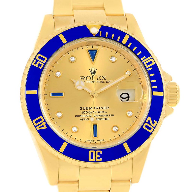 Rolex Submariner 18k Yellow Gold Diamond Sapphire Serti Watch 16618 SwissWatchExpo
