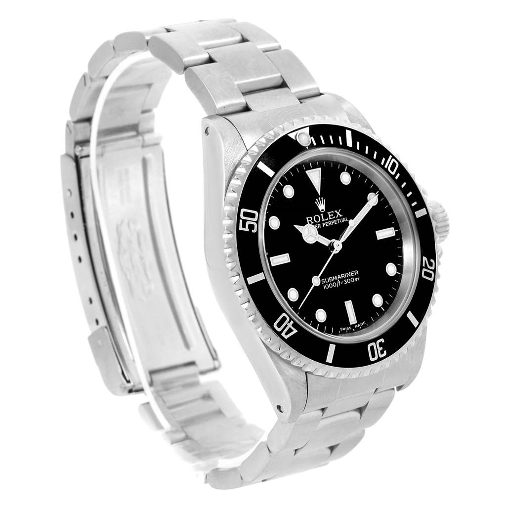 The image shows a side and face view of a Rolex Submariner 14060 Men
s Stainless Steel Black Dial 14060 Men
s Stainless Steel Black Dial watch displaying its black dial and silver bracelet.