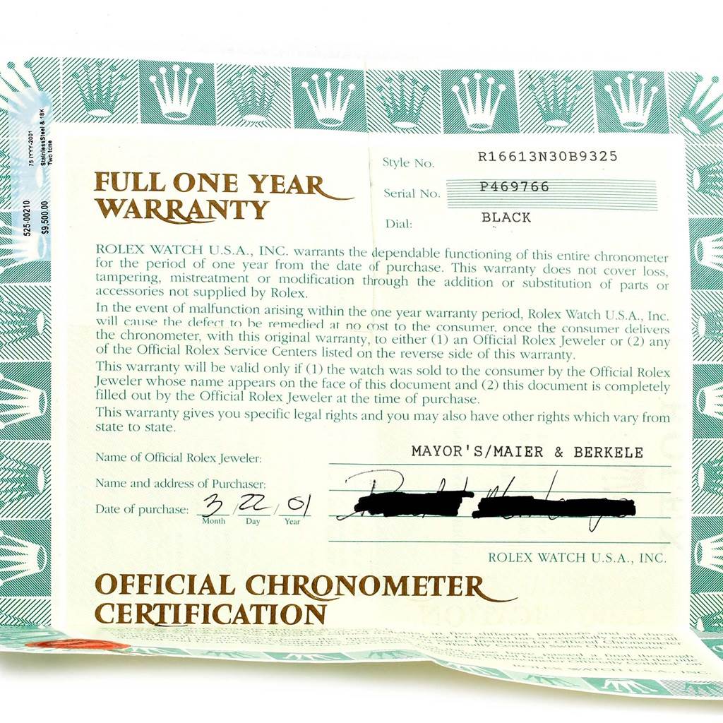 This image shows the official chronometer certification and full one-year warranty card for a Rolex Submariner 16613 Men
s Steel and Gold (two tone) Black Dial 16613 Men
s Steel and Gold (two tone) Black Dial watch.