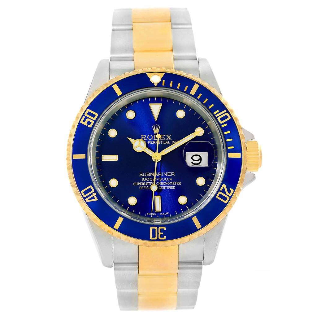 The Rolex Submariner 16613 Men
s Steel and Gold (two tone) Blue Dial 16613 Men
s Steel and Gold (two tone) Blue Dial watch is shown from the front, displaying the face, bezel, and part of the bracelet in a stainless steel and gold combination.