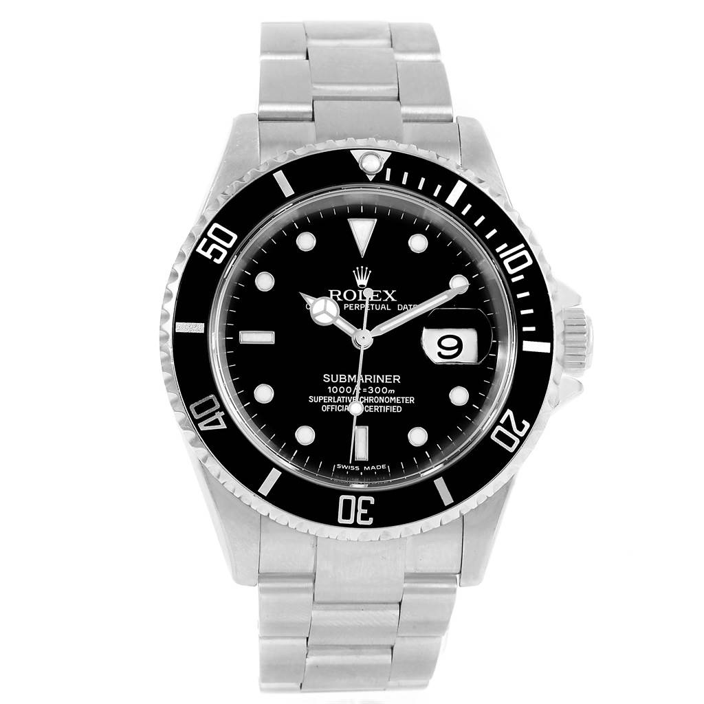The image shows a front view of a Rolex Submariner 16610 Men
s Stainless Steel Black Dial 16610 Men
s Stainless Steel Black Dial watch, highlighting its black dial, bezel, date window, and stainless steel bracelet.