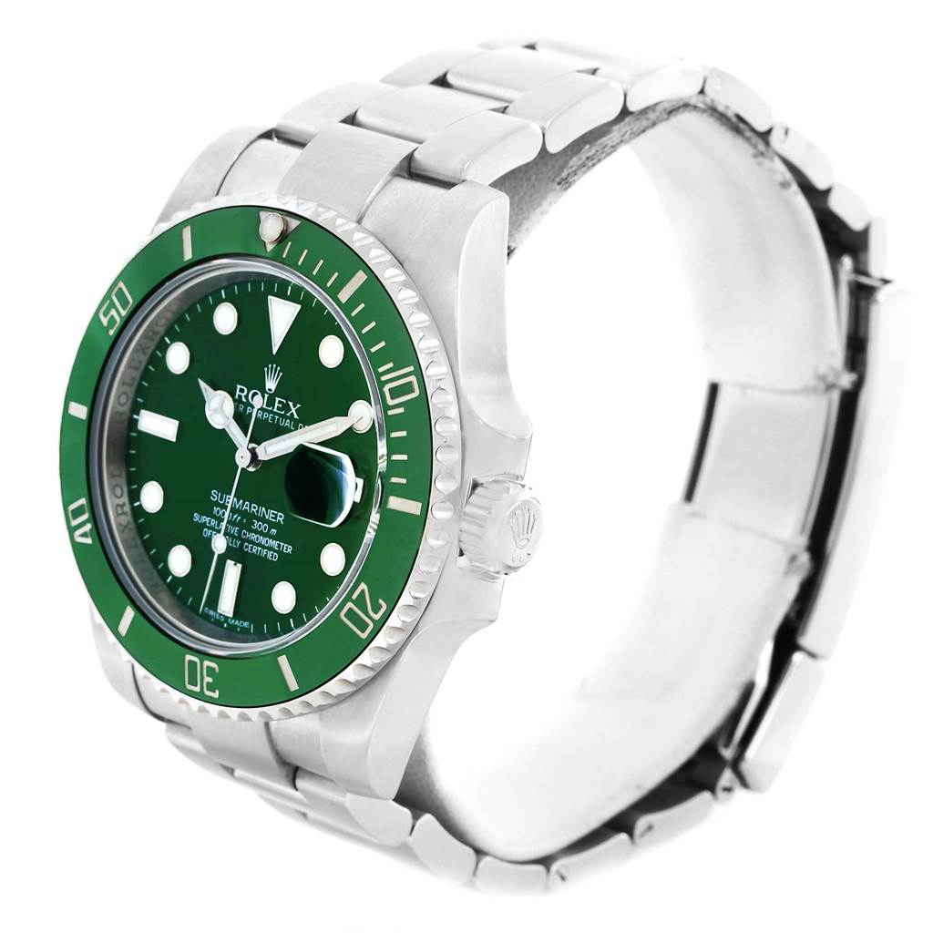 This image shows a side-angle view of a Rolex Submariner 116610LV Men
s Stainless Steel Green Dial 116610LV Men
s Stainless Steel Green Dial, highlighting its green bezel, dial, and stainless steel bracelet.