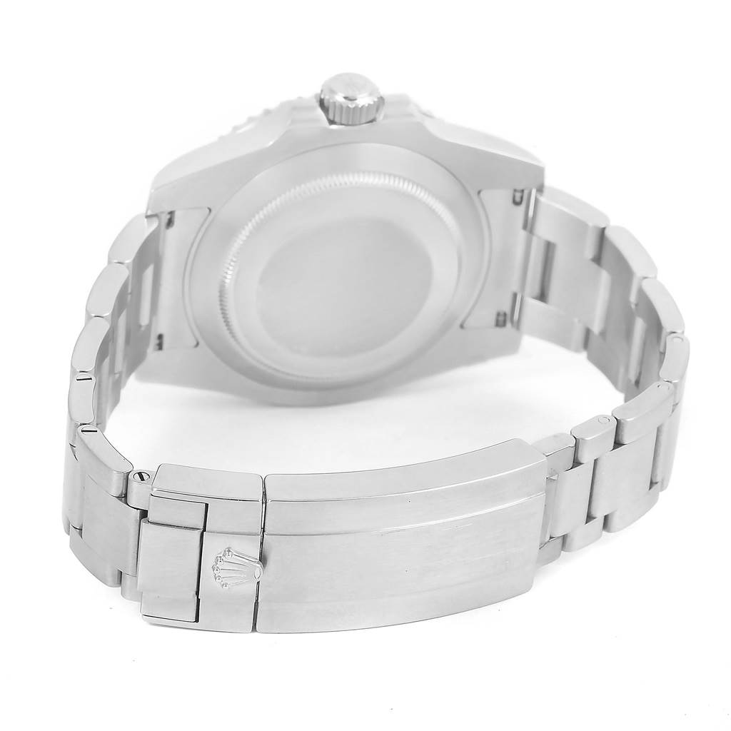 This image shows the back case and bracelet clasp of a Rolex Submariner 116610LV Men
s Stainless Steel Green Dial 116610LV Men
s Stainless Steel Green Dial watch from a rear angle.