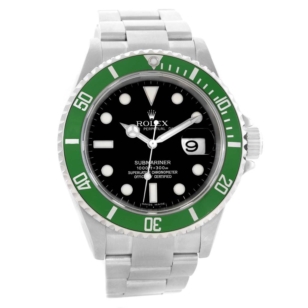 The image shows a front view of a Rolex Submariner 16610LV Men
s Stainless Steel Black Dial 16610LV Men
s Stainless Steel Black Dial watch with a green bezel, black dial, and silver bracelet.