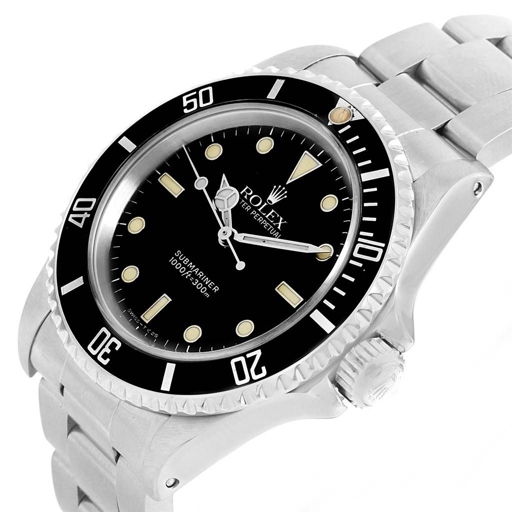 The image shows a Rolex Submariner 14060 Men
s Stainless Steel Black Dial 14060 Men
s Stainless Steel Black Dial watch viewed from an angled side perspective, highlighting the face, bezel, and bracelet.