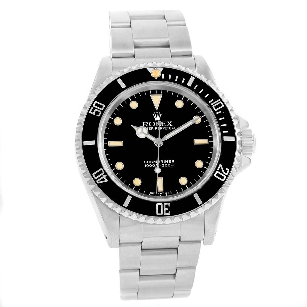 This is a front view of a Rolex Submariner 14060 Men
s Stainless Steel Black Dial 14060 Men
s Stainless Steel Black Dial watch, showing the face, bezel, and bracelet.