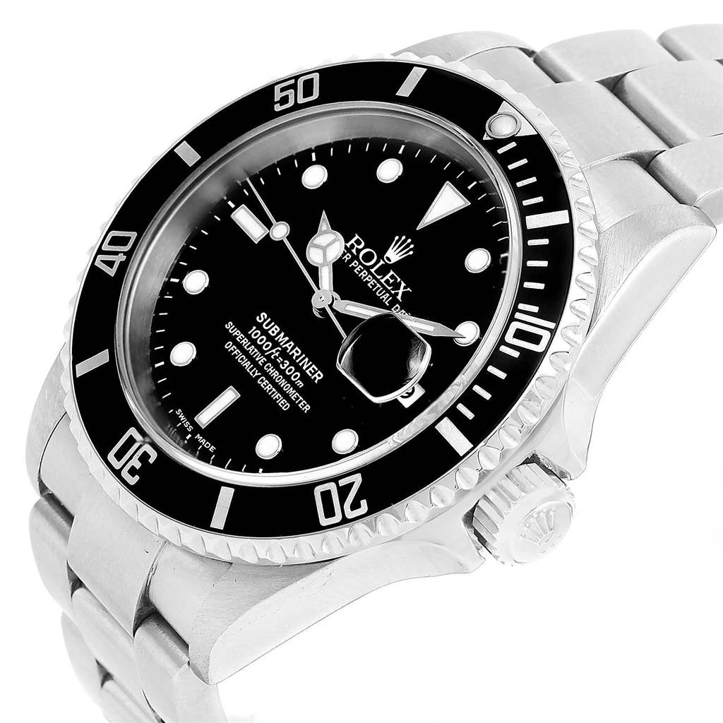 The image shows a Rolex Submariner 16610 Men
s Stainless Steel Black Dial 16610 Men
s Stainless Steel Black Dial watch at an angle highlighting the bezel, dial, crown, and part of the bracelet.
