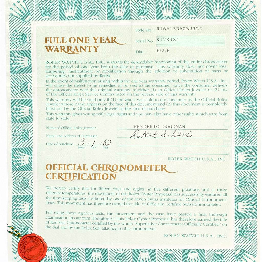The image shows a full one-year warranty and official chronometer certification for a Rolex Submariner 16613 Men
s Steel and Gold (two tone) Blue Dial 16613 Men
s Steel and Gold (two tone) Blue Dial watch.