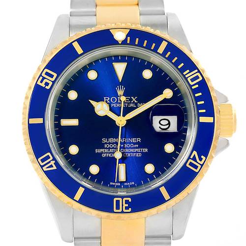 Photo of Rolex Submariner Steel 18K Yellow Gold Blue Dial Watch 16613 Box Papers
