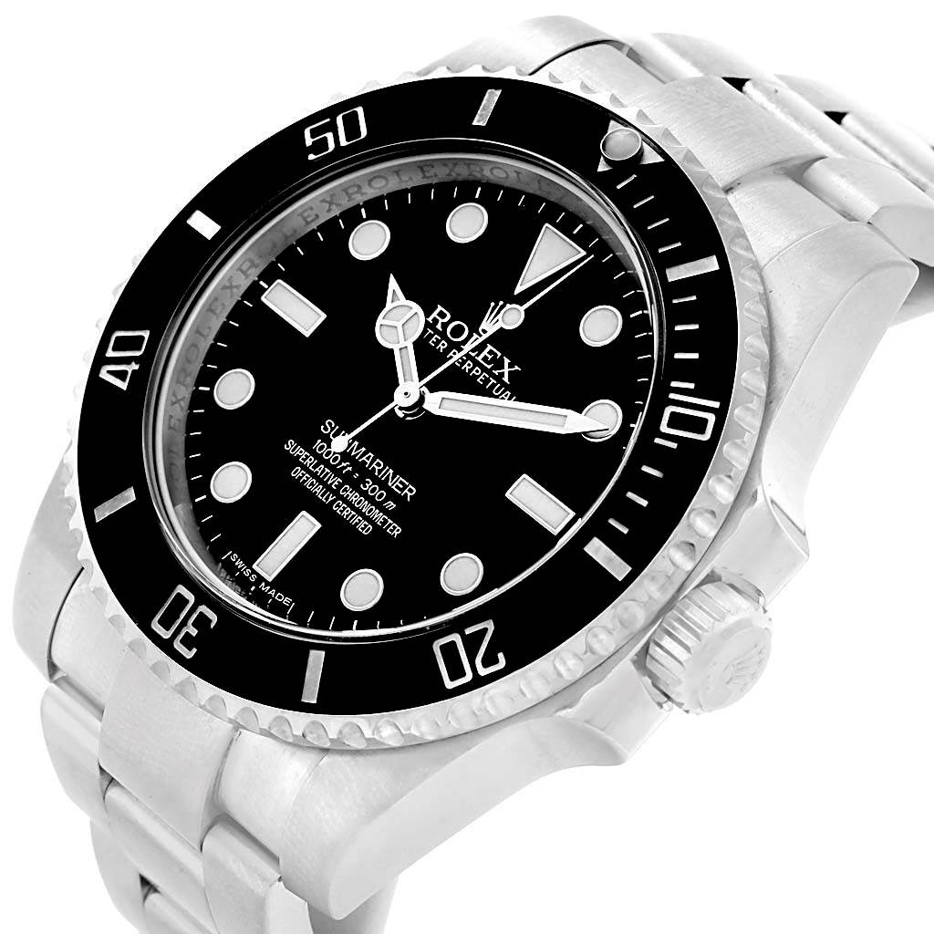 The image shows a close-up angled view of the face and part of the bracelet of a Rolex Submariner 114060 Men
s Stainless Steel Black Dial 114060 Men
s Stainless Steel Black Dial watch.