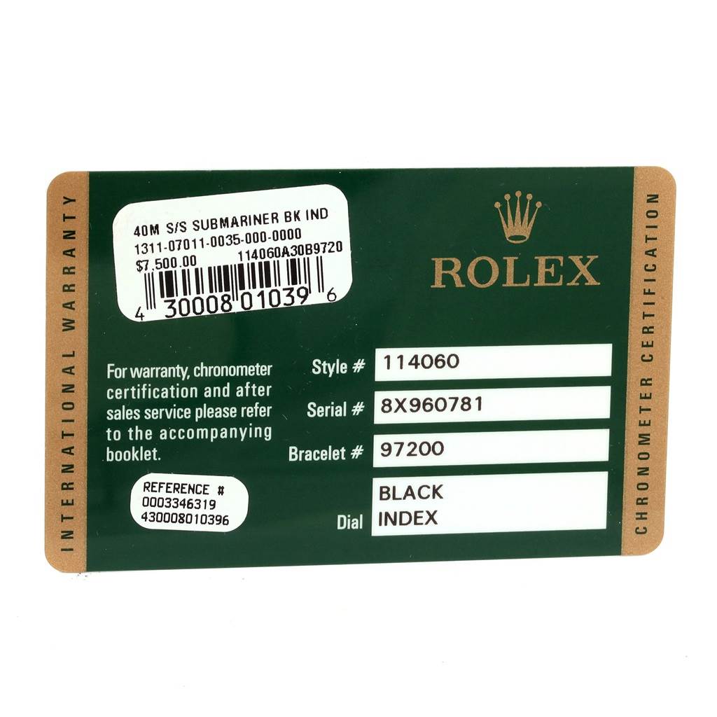 This image shows the warranty card for a Rolex Submariner 114060 Men
s Stainless Steel Black Dial 114060 Men
s Stainless Steel Black Dial model, detailing style, serial, bracelet numbers, and dial type.