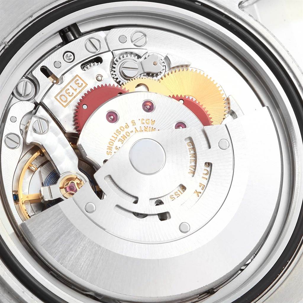 This image shows an internal view of the Rolex Submariner 114060 Men
s Stainless Steel Black Dial 114060 Men
s Stainless Steel Black Dial watch mechanism, highlighting gears and the rotor.