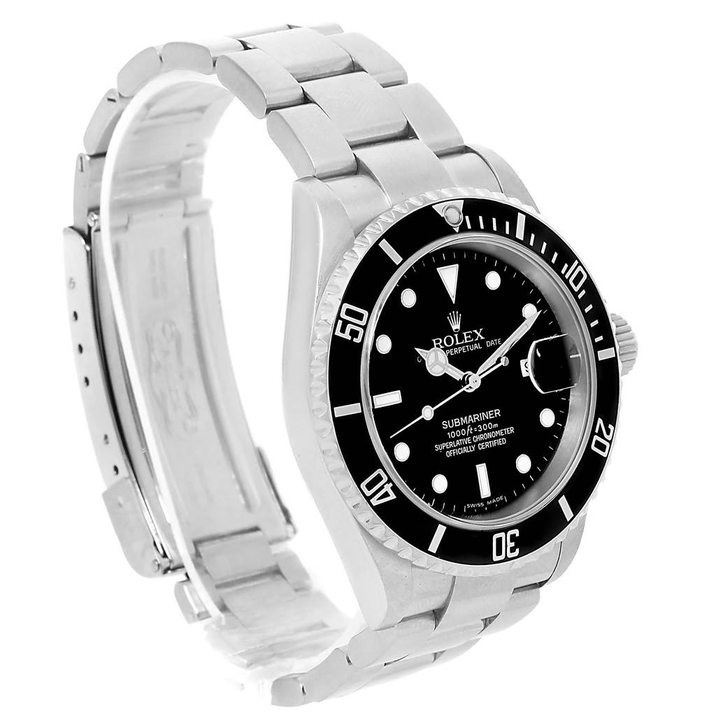 The image shows a Rolex Submariner 16610 Men
s Stainless Steel Black Dial 16610 Men
s Stainless Steel Black Dial watch at a three-quarter angle, highlighting the face, bezel, and bracelet.