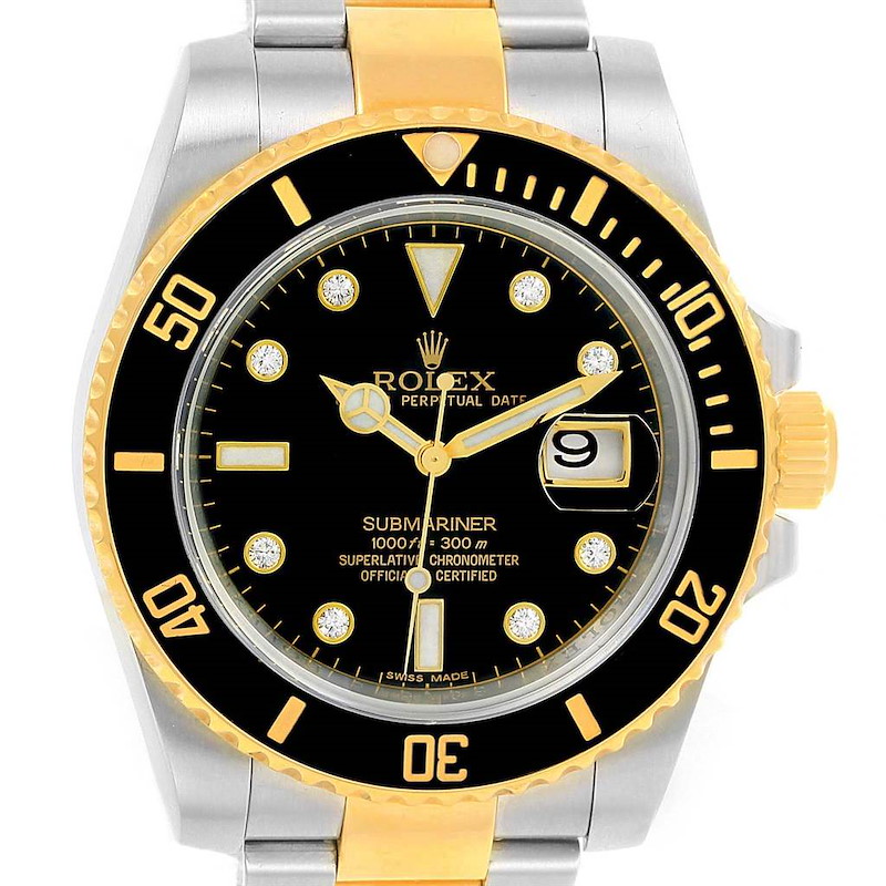 Rolex Submariner Steel 18K Yellow Gold Black Diamond Dial Watch 116613 SwissWatchExpo