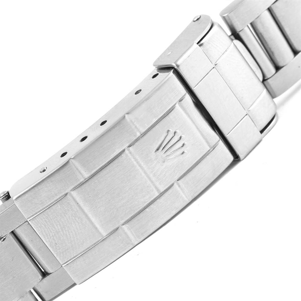 This image shows a close-up of the stainless steel bracelet clasp for a Rolex Submariner 16610 Men
s Stainless Steel Black Dial 16610 Men
s Stainless Steel Black Dial watch.