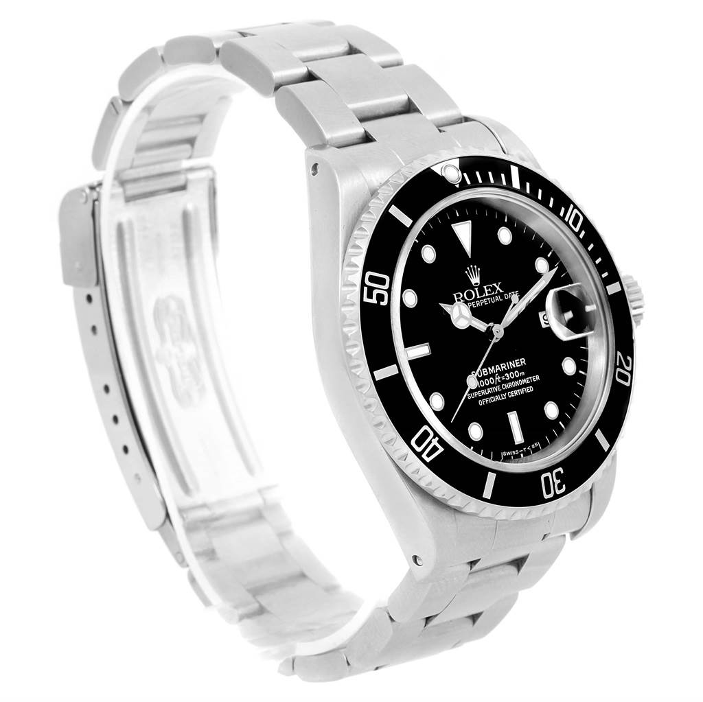 This image shows the Rolex Submariner 16610 Men
s Stainless Steel Black Dial 16610 Men
s Stainless Steel Black Dial watch at a three-quarter angle, displaying the dial, bezel, and bracelet.