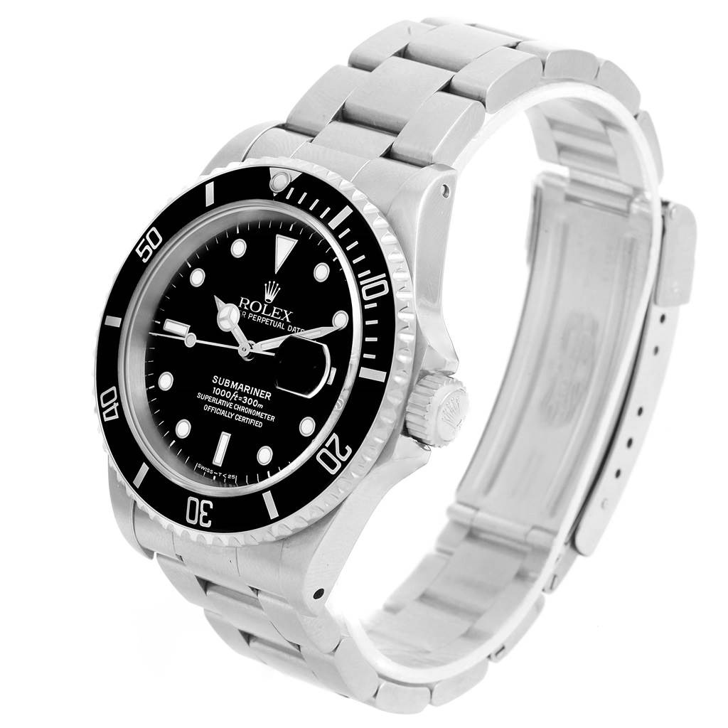 The image shows a Rolex Submariner 16610 Men
s Stainless Steel Black Dial 16610 Men
s Stainless Steel Black Dial watch at a three-quarter angle, highlighting the face, bezel, crown, and bracelet.